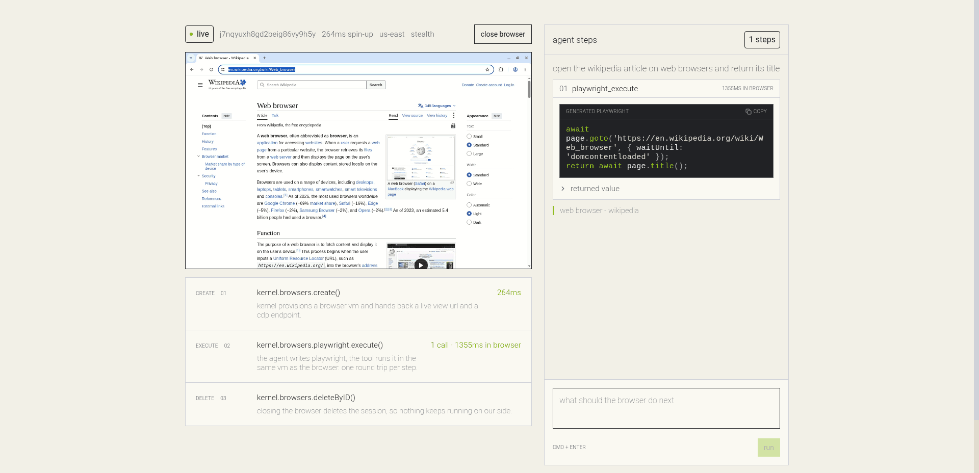 the template running: a KERNEL browser on the left and the agent's generated playwright on the right